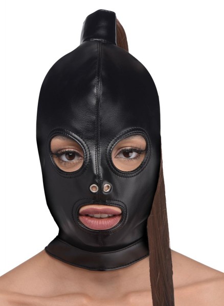 STRICT PONYTAIL Bondage Maske in Schwarz mit braunem Pferdeschwanz